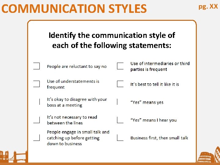 COMMUNICATION STYLES Identify the communication style of each of the following statements: pg. XX