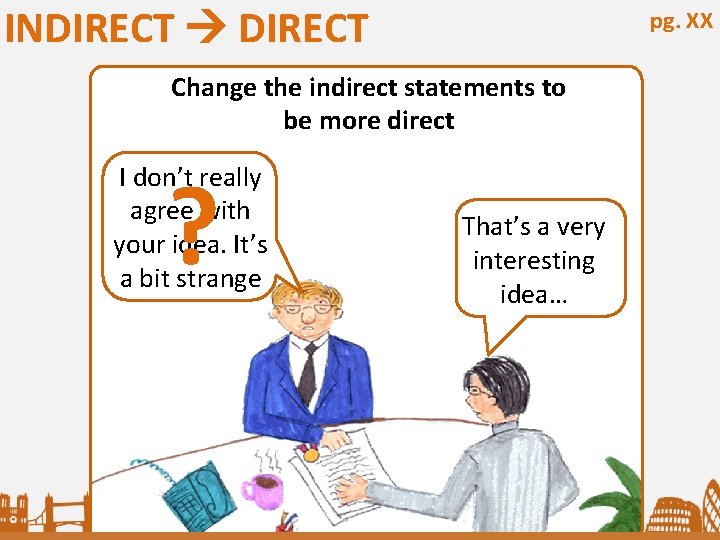 INDIRECT pg. XX Change the indirect statements to be more direct ? I don’t