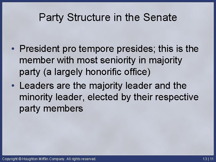 Party Structure in the Senate • President pro tempore presides; this is the member