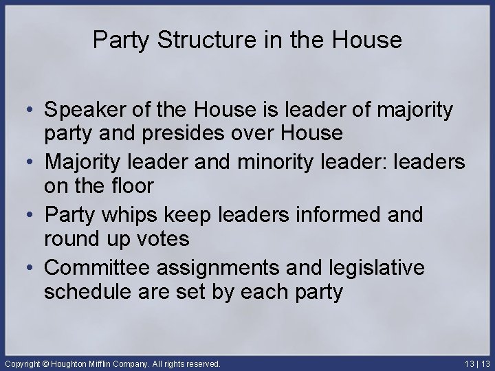 Party Structure in the House • Speaker of the House is leader of majority