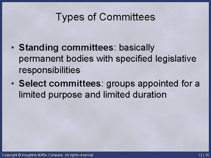 Types of Committees • Standing committees: basically permanent bodies with specified legislative responsibilities •