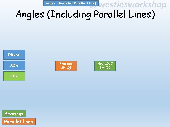 @westiesworkshop Angles (Including Parallel Lines) Edexcel AQA OCR Bearings Parallel lines Practice 2 H