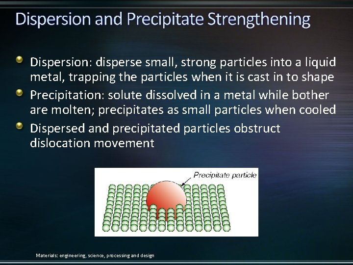 Dispersion: disperse small, strong particles into a liquid metal, trapping the particles when it