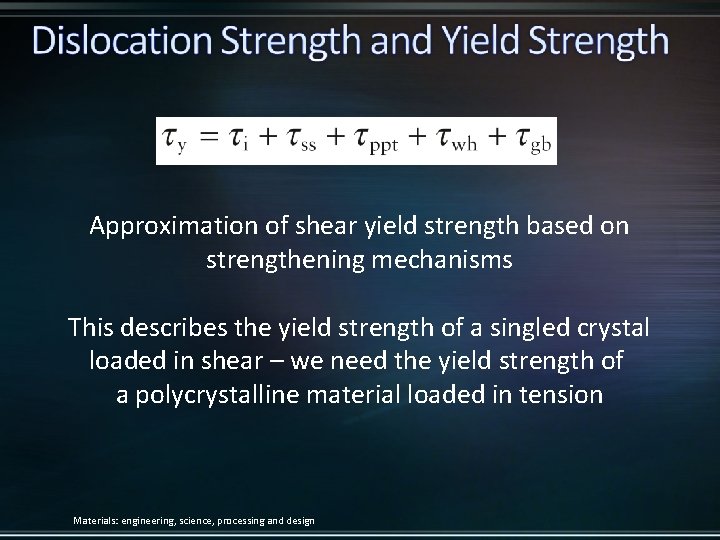 Approximation of shear yield strength based on strengthening mechanisms This describes the yield strength