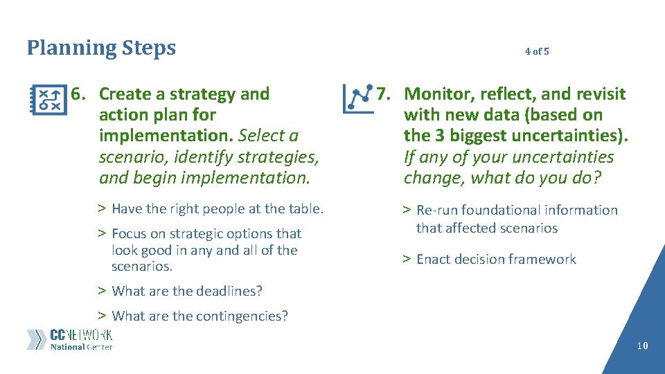 Planning Steps 6. Create a strategy and action plan for implementation. Select a scenario,