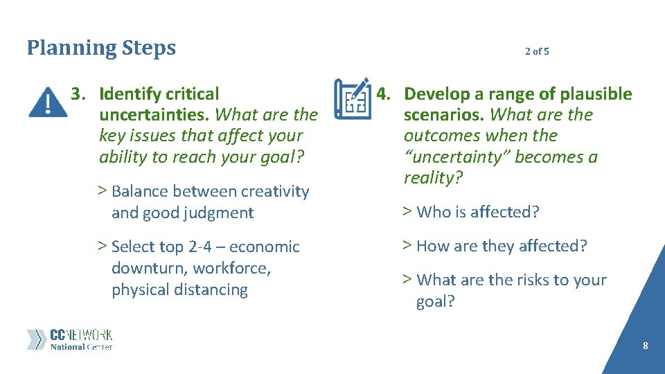 Planning Steps 3. Identify critical uncertainties. What are the key issues that affect your