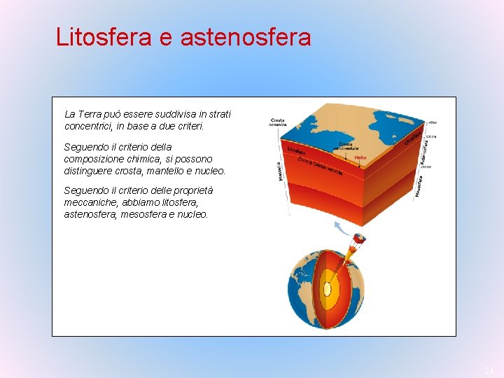 Litosfera e astenosfera La Terra può essere suddivisa in strati concentrici, in base a