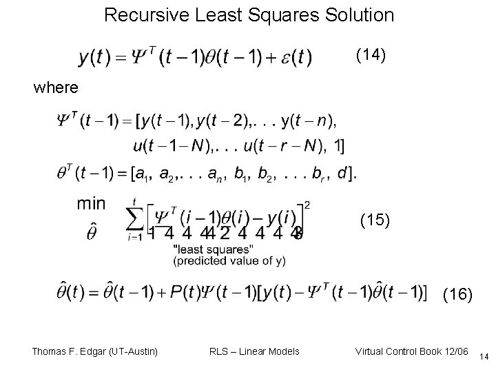 Recursive Least Squares Solution (14) where (15) (16) Thomas F. Edgar (UT-Austin) RLS –