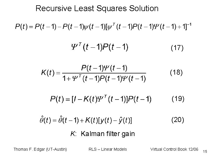 Recursive Least Squares Solution (17) (18) (19) (20) K: Kalman filter gain Thomas F.