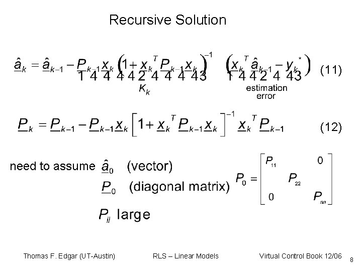 Recursive Solution (11) (12) need to assume Thomas F. Edgar (UT-Austin) RLS – Linear