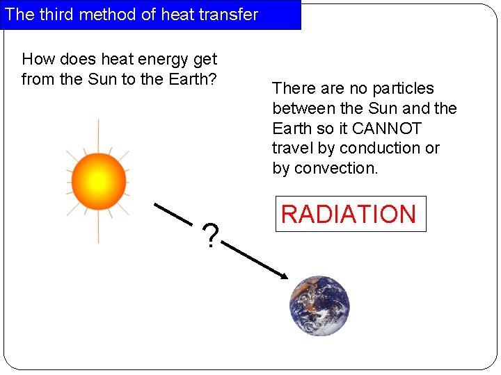 The third method of heat transfer How does heat energy get from the Sun