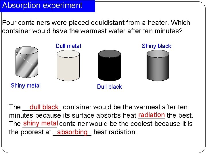 Absorption experiment Four containers were placed equidistant from a heater. Which container would have