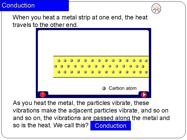 Conduction When you heat a metal strip at one end, the heat travels to