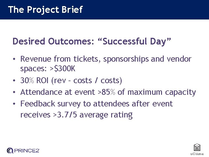 The Project Brief Desired Outcomes: “Successful Day” • Revenue from tickets, sponsorships and vendor