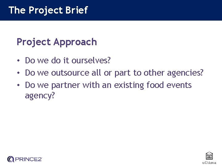 The Project Brief Project Approach • Do we do it ourselves? • Do we