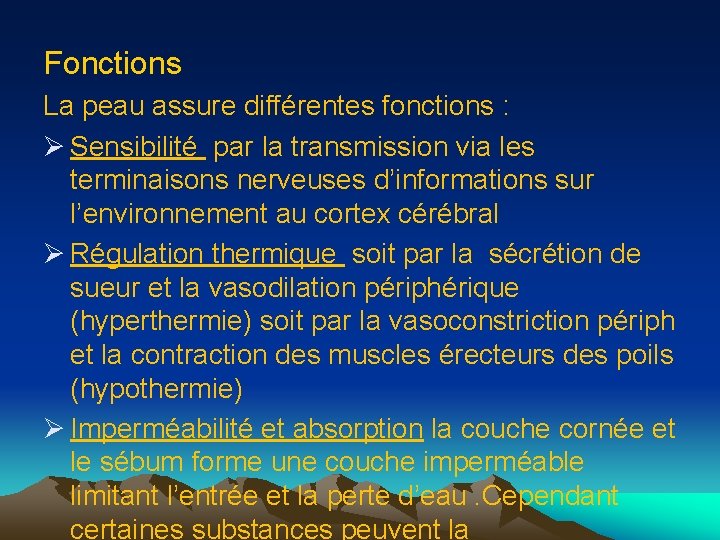 Fonctions La peau assure différentes fonctions : Ø Sensibilité par la transmission via les