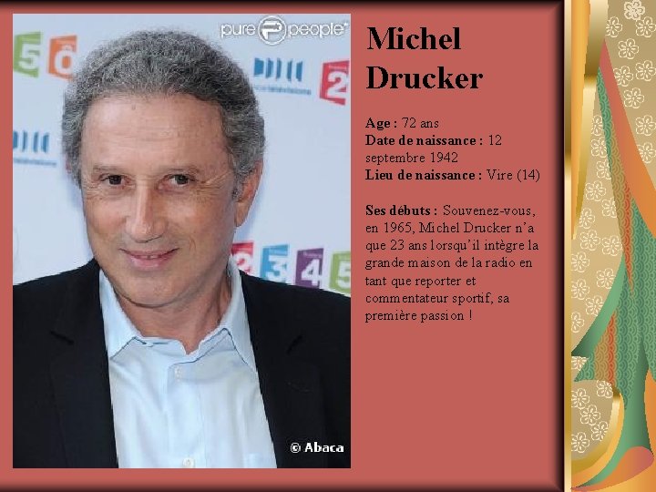 Michel Drucker Age : 72 ans Date de naissance : 12 septembre 1942 Lieu