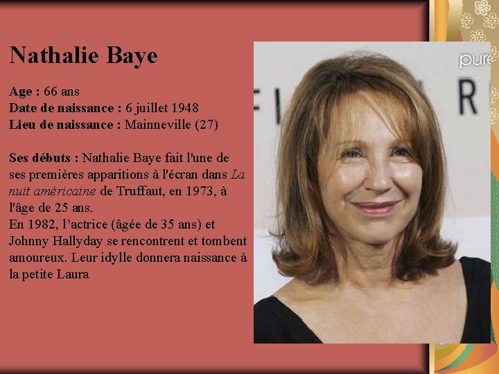 Nathalie Baye Age : 66 ans Date de naissance : 6 juillet 1948 Lieu