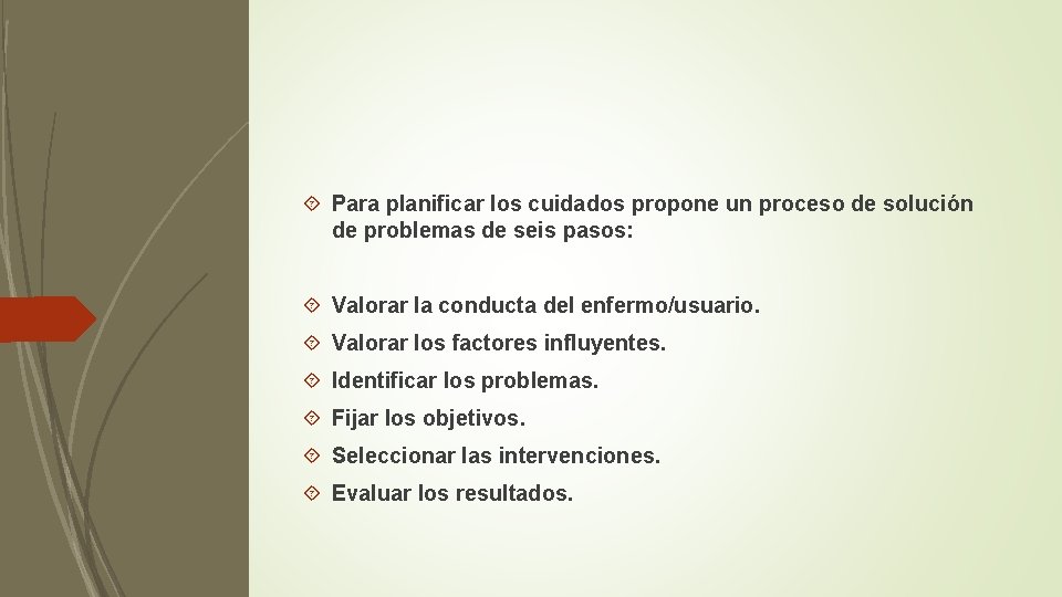  Para planificar los cuidados propone un proceso de solución de problemas de seis