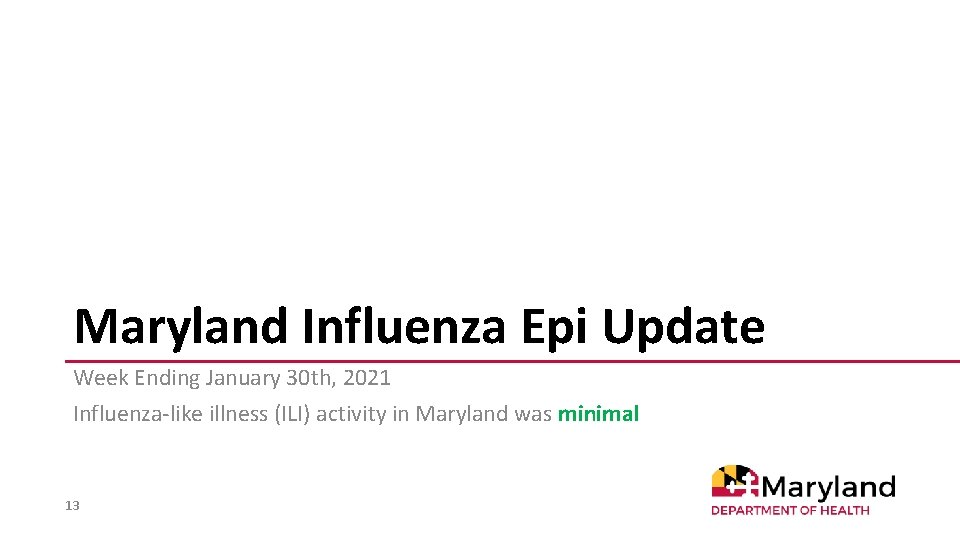 Maryland Influenza Epi Update Week Ending January 30 th, 2021 Influenza-like illness (ILI) activity