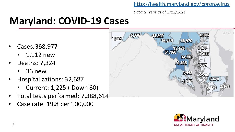 http: //health. maryland. gov/coronavirus Maryland: COVID-19 Cases • Cases: 368, 977 • 1, 112