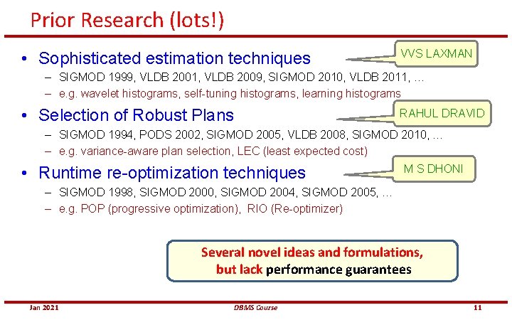 Prior Research (lots!) • Sophisticated estimation techniques VVS LAXMAN – SIGMOD 1999, VLDB 2001,