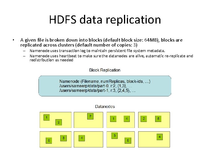 HDFS data replication • A given file is broken down into blocks (default block
