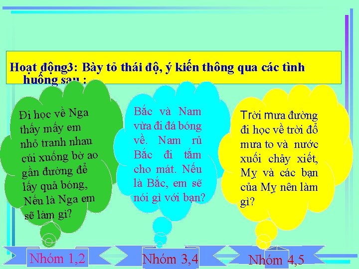 Hoạt động 3: Bày tỏ thái độ, ý kiến thông qua các tình huống