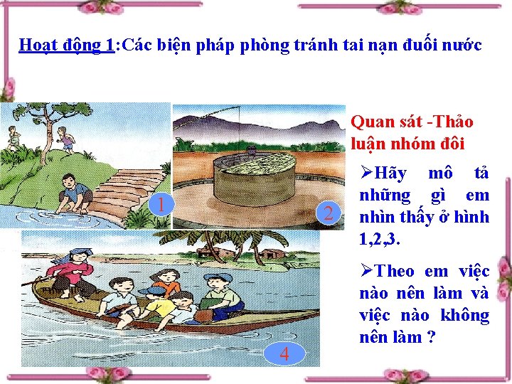 Hoạt động 1: Các biện pháp phòng tránh tai nạn đuối nước Quan sát