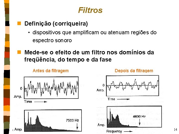 Filtros n Definição (corriqueira) • dispositivos que amplificam ou atenuam regiões do espectro sonoro