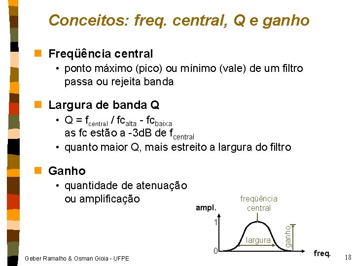 Conceitos: freq. central, Q e ganho n Freqüência central • ponto máximo (pico) ou