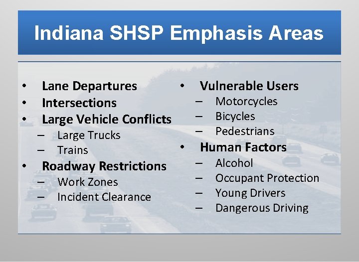 Indiana SHSP Emphasis Areas • • Vulnerable Users Lane Departures – Motorcycles Intersections –