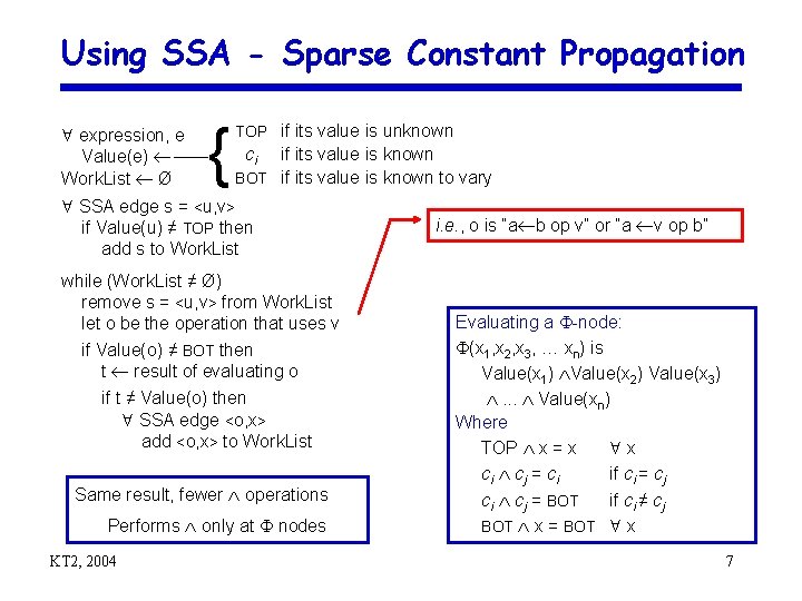 Using SSA - Sparse Constant Propagation expression, e Value(e) Work. List Ø { TOP