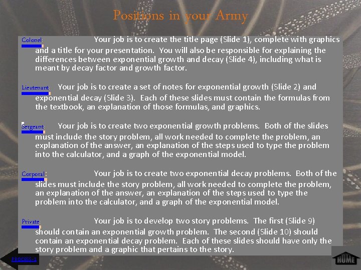 Positions in your Army Colonel: Your job is to create the title page (Slide