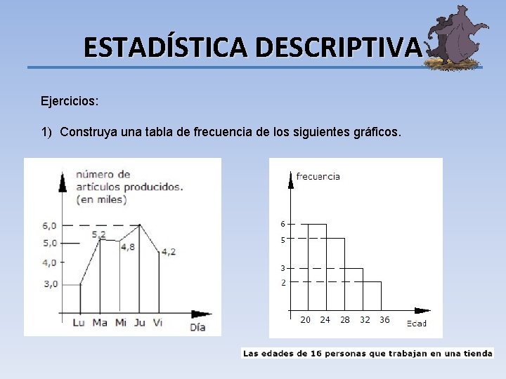 ESTADÍSTICA DESCRIPTIVA Ejercicios: 1) Construya una tabla de frecuencia de los siguientes gráficos. 