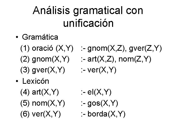 Análisis gramatical con unificación • Gramática (1) oració (X, Y) (2) gnom(X, Y) (3)