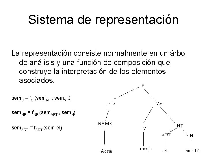 Sistema de representación La representación consiste normalmente en un árbol de análisis y una
