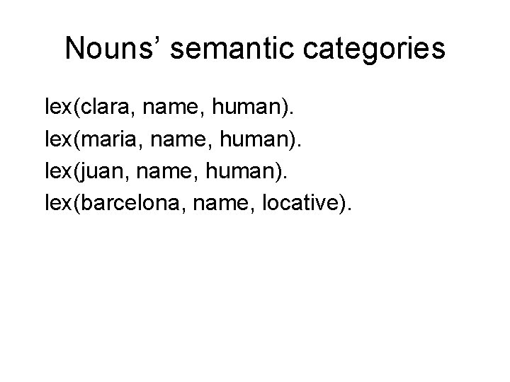 Nouns’ semantic categories lex(clara, name, human). lex(maria, name, human). lex(juan, name, human). lex(barcelona, name,