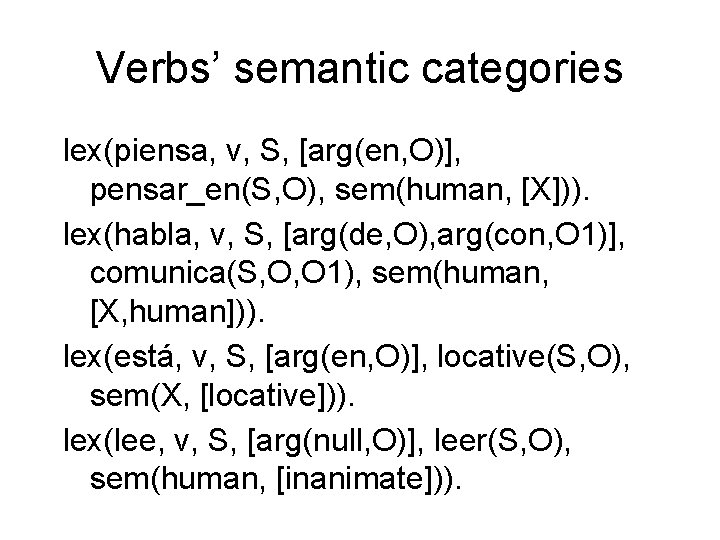 Verbs’ semantic categories lex(piensa, v, S, [arg(en, O)], pensar_en(S, O), sem(human, [X])). lex(habla, v,