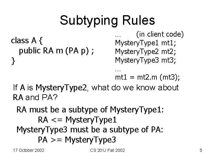 Subtyping Rules class A { public RA m (PA p) ; } … (in
