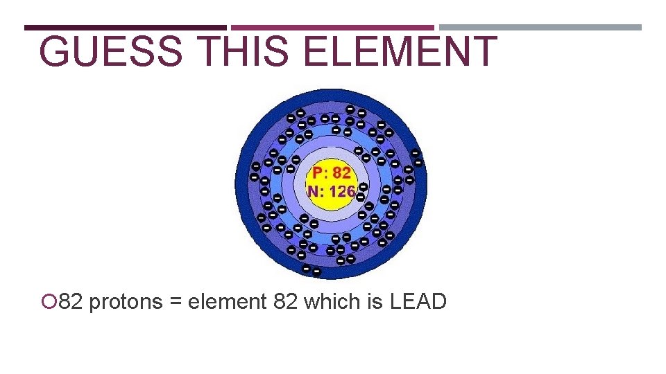 GUESS THIS ELEMENT 82 protons = element 82 which is LEAD 