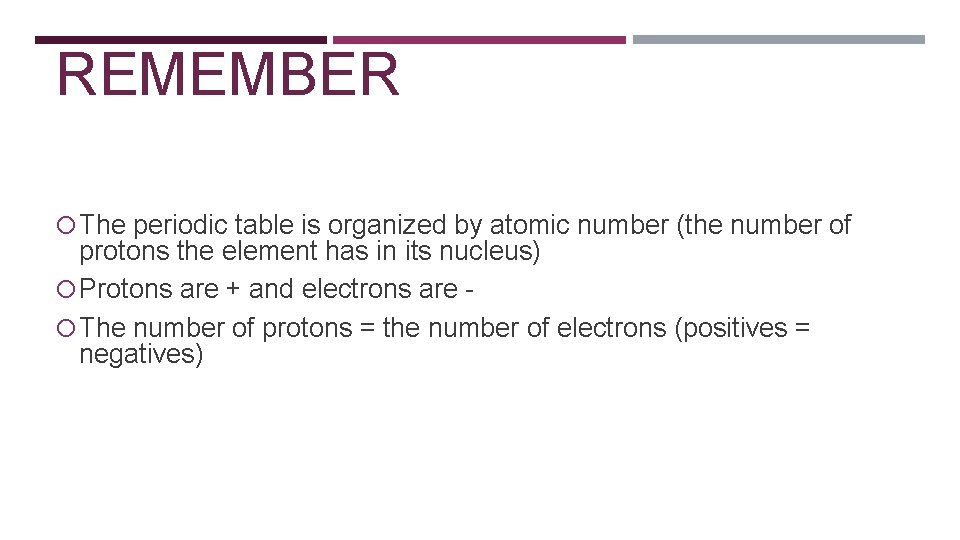 REMEMBER The periodic table is organized by atomic number (the number of protons the