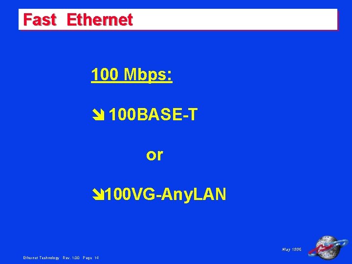 Fast Ethernet 100 Mbps: î 100 BASE-T or î 100 VG-Any. LAN May 1996