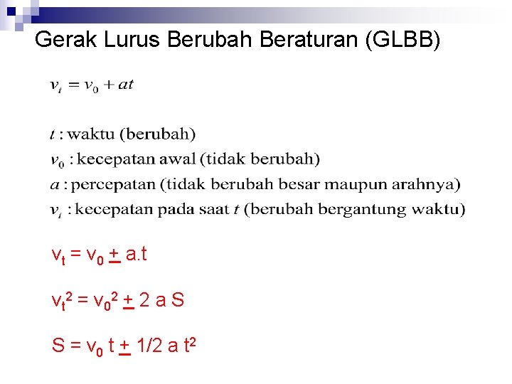 Gerak Lurus Berubah Beraturan (GLBB) vt = v 0 + a. t vt 2