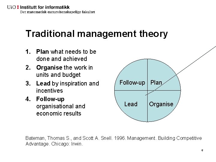 Traditional management theory 1. Plan what needs to be done and achieved 2. Organise