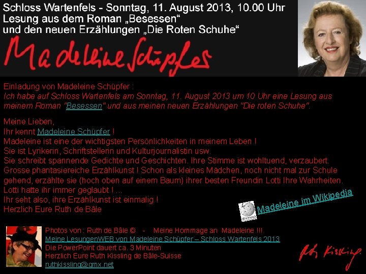 Einladung von Madeleine Schüpfer : Ich habe auf Schloss Wartenfels am Sonntag, 11. August