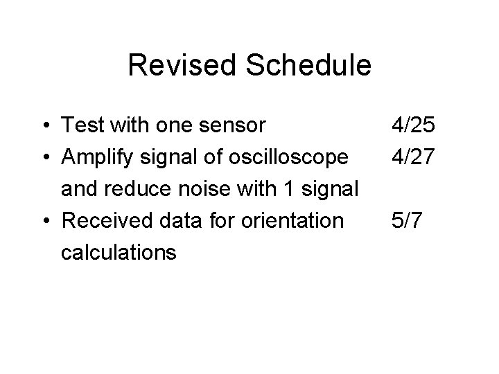Revised Schedule • Test with one sensor • Amplify signal of oscilloscope and reduce