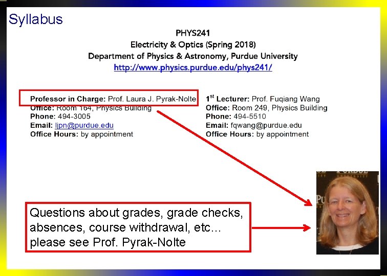 Syllabus Questions about grades, grade checks, absences, course withdrawal, etc… please see Prof. Pyrak-Nolte