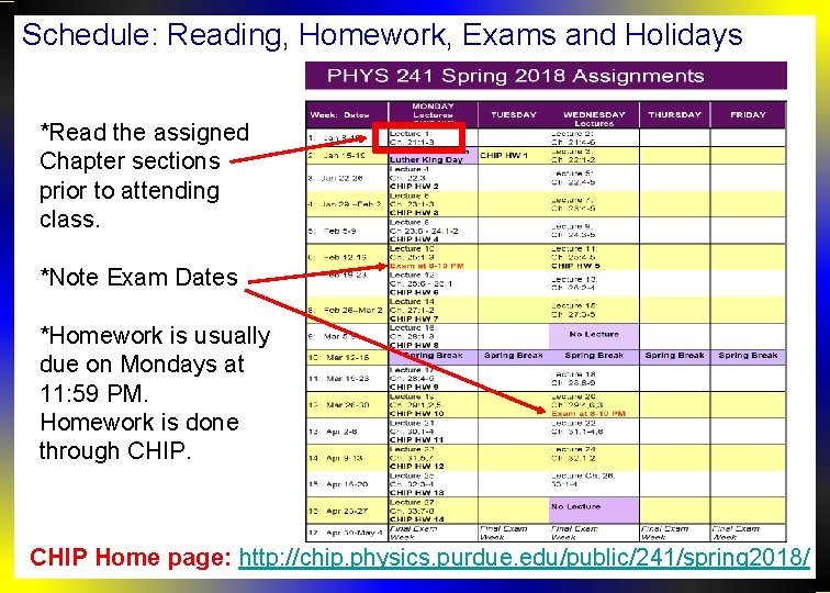 Schedule: Reading, Homework, Exams and Holidays *Read the assigned Chapter sections prior to attending