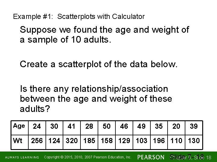 Example #1: Scatterplots with Calculator Suppose we found the age and weight of a